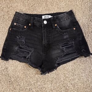 CHELSEA Black Distressed High-Rise Denim Shorts